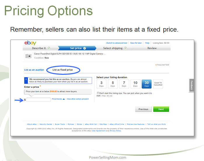 pricing options on ebay