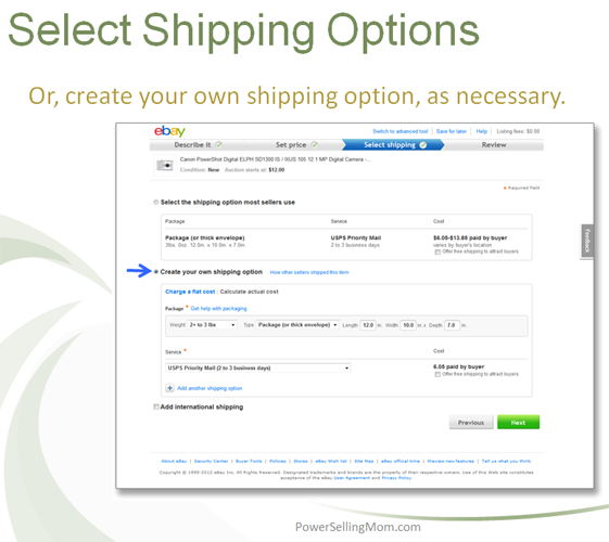 ebay shipping options to pick from