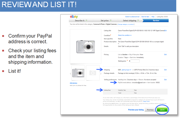 ebay review and listing