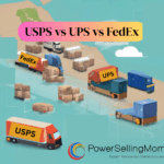 illustration of USPS, UPS, and FedEx shipping trucks and packages for ecommerce sellers in 2025