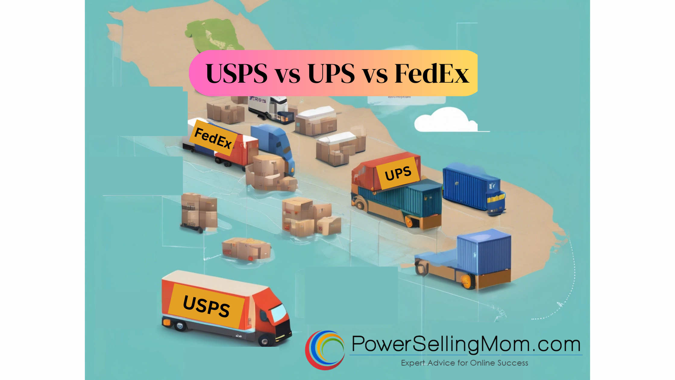 illustration of USPS, UPS, and FedEx shipping trucks and packages for ecommerce sellers in 2025